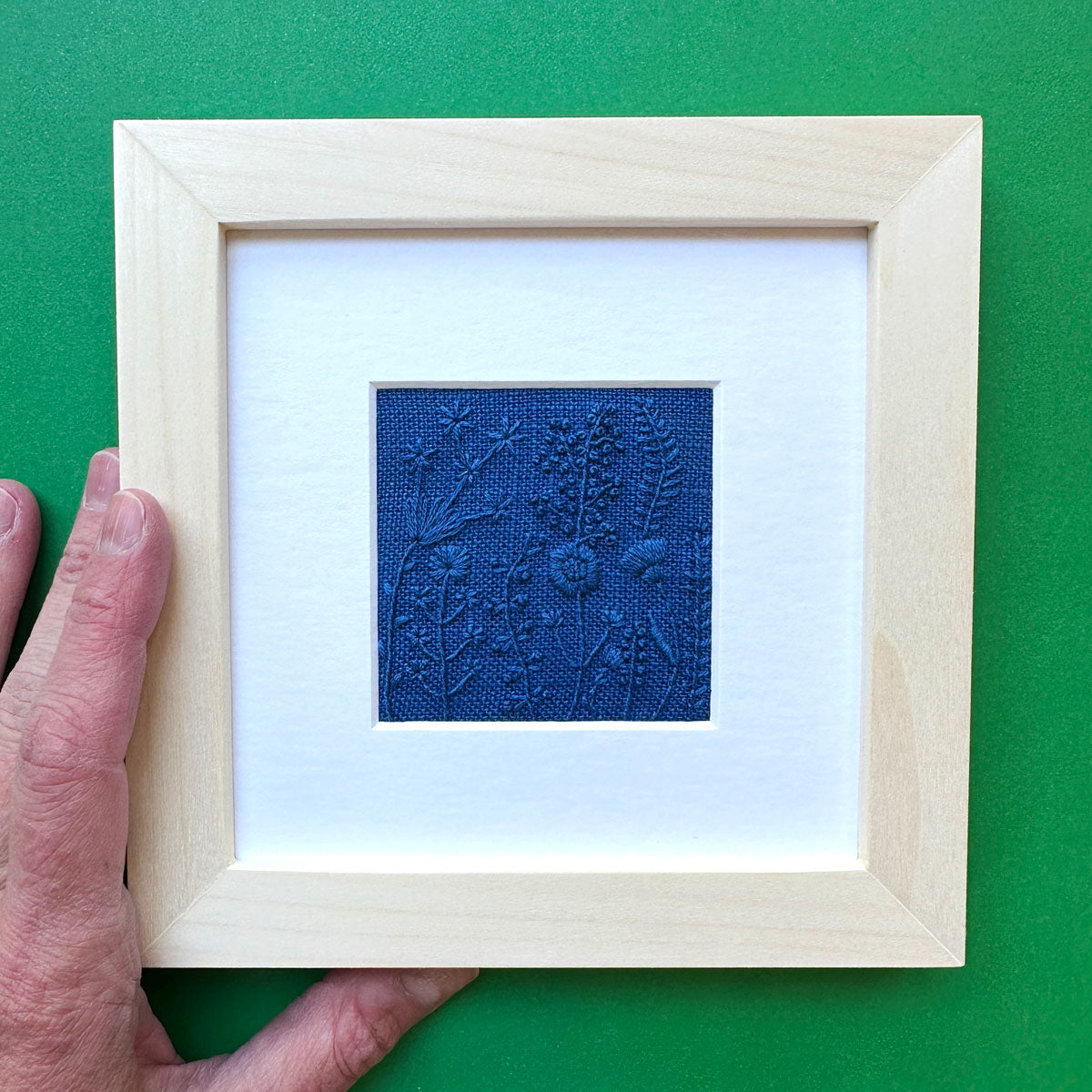 Monochromatic Blue Flowers (2.5") on Blue Linen Hand Embroidered Art (Copy)