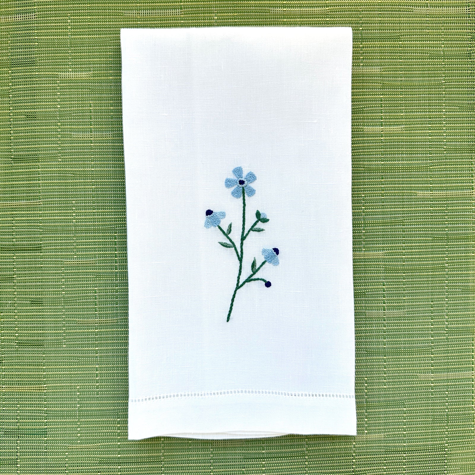 Embroidered Guest Towel - Light Blue Floral Chain Stitch Motif