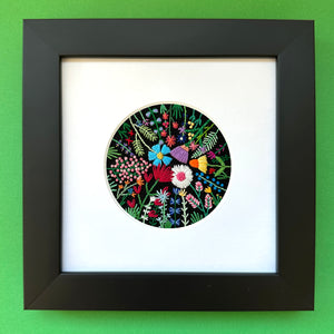 Rainbow Flowers D (2.75" Circle) on Black Linen Hand Embroidered Art