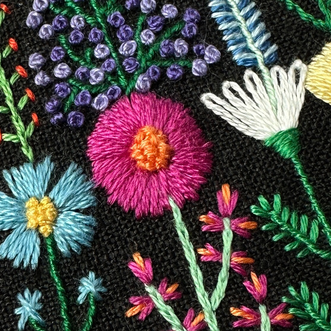 Rainbow Flowers A (2.5" Square) on Black Linen Hand Embroidered Art