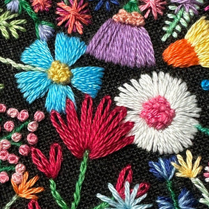 Rainbow Flowers D (2.75" Circle) on Black Linen Hand Embroidered Art