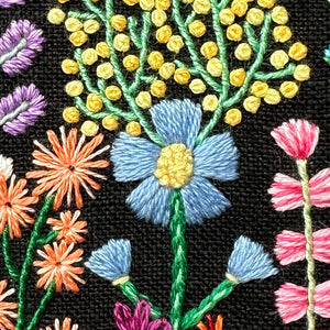 Rainbow Flowers B (2.5" Square) on Black Linen Hand Embroidered Art