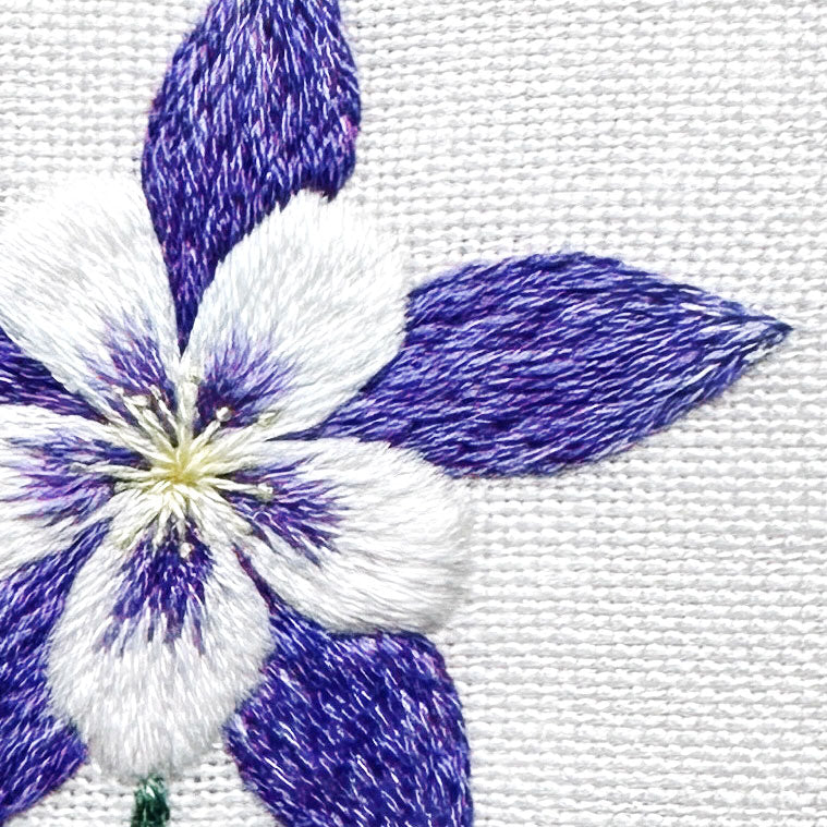 Dark Purple Columbine Flower (2.75") on Cream Linen Hand Embroidered Art