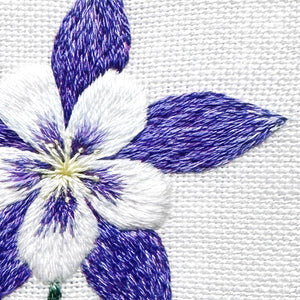 Dark Purple Columbine Flower (2.75") on Cream Linen Hand Embroidered Art