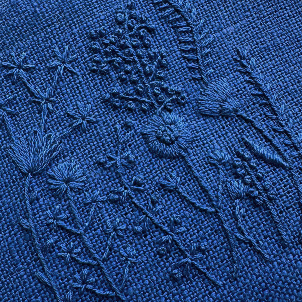 Monochromatic Blue Flowers (2.5") on Blue Linen Hand Embroidered Art (Copy)