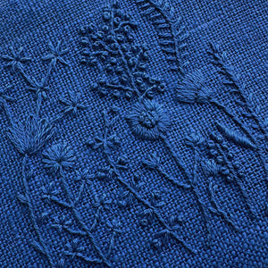 Monochromatic Blue Flowers (2.5") on Blue Linen Hand Embroidered Art (Copy)