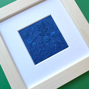 Monochromatic Blue Flowers (2.5") on Blue Linen Hand Embroidered Art (Copy)