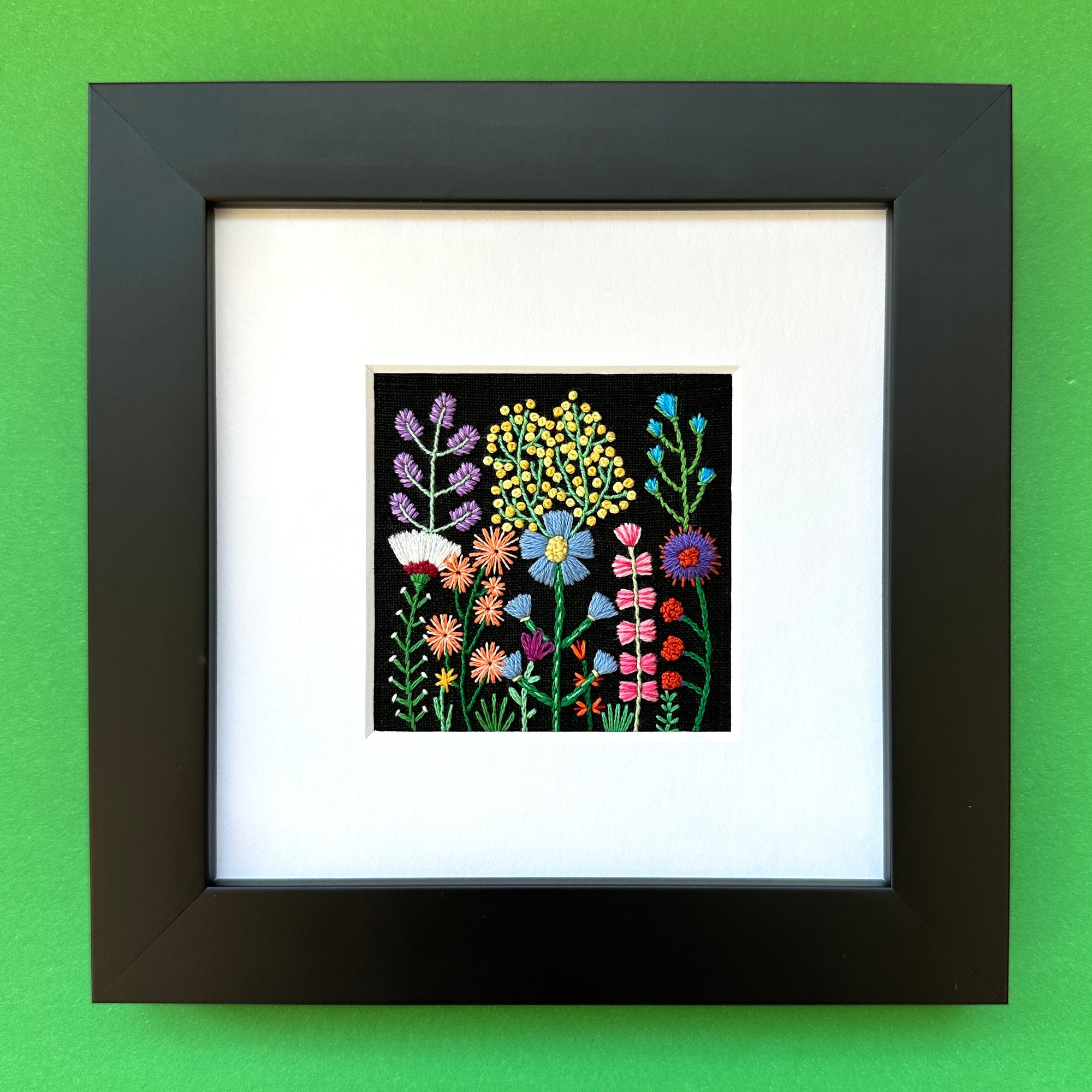 Rainbow Flowers B (2.5" Square) on Black Linen Hand Embroidered Art