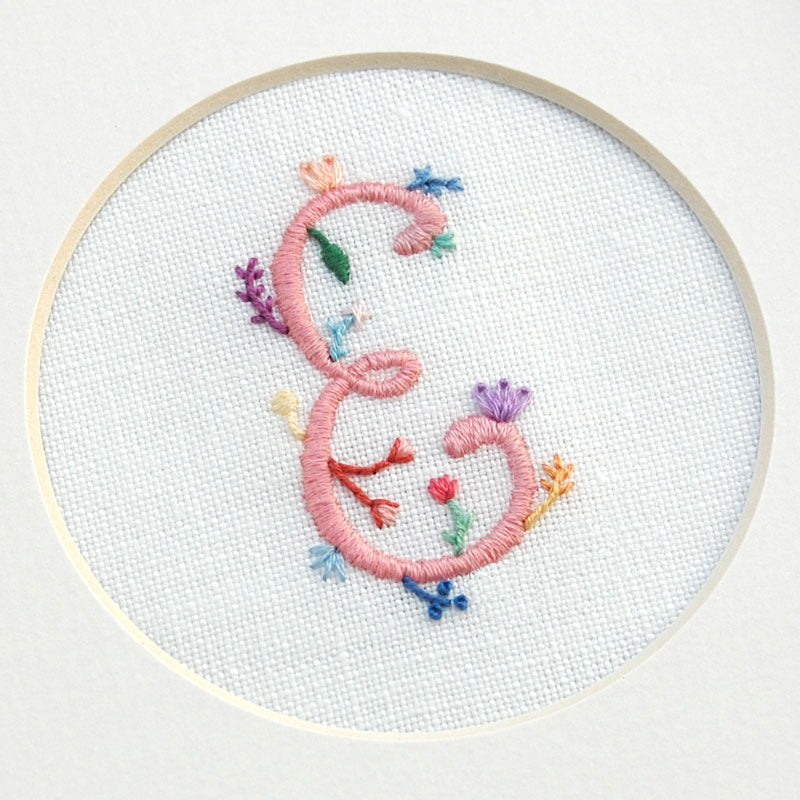 "E" Hand Embroidered Floral Monogram Art