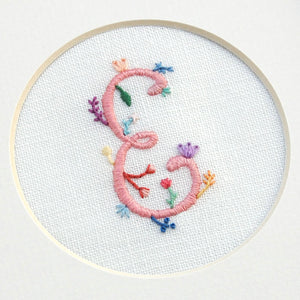 "E" Hand Embroidered Floral Monogram Art