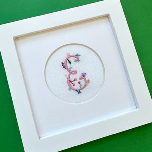 "E" Hand Embroidered Floral Monogram Art