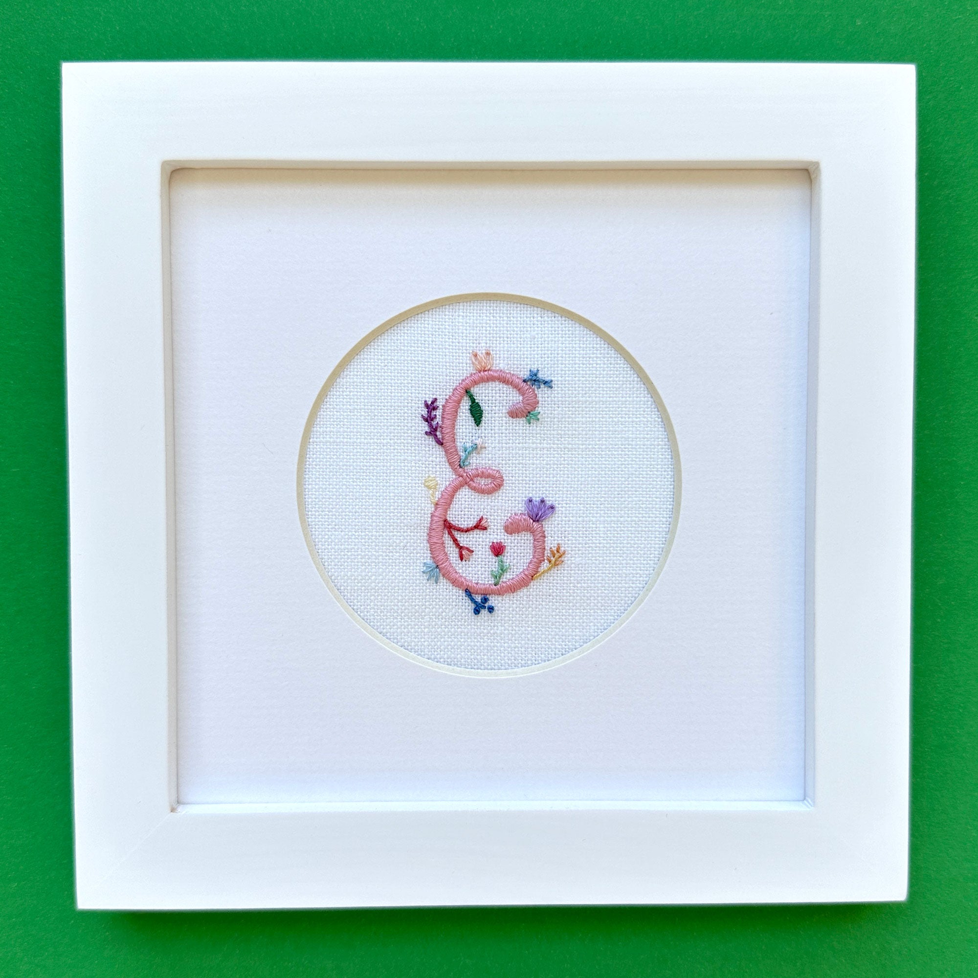 "E" Hand Embroidered Floral Monogram Art