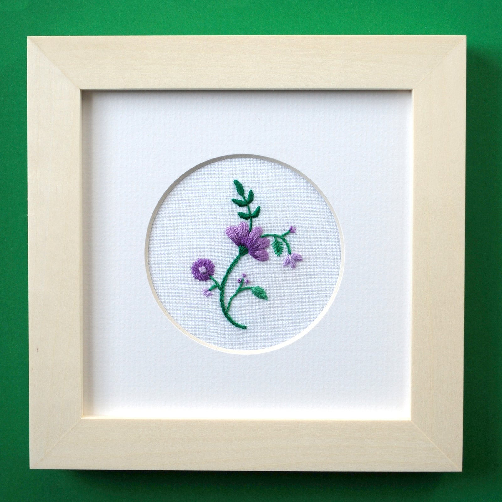 Single Flower (Purple) on White Linen Hand Embroidered Art