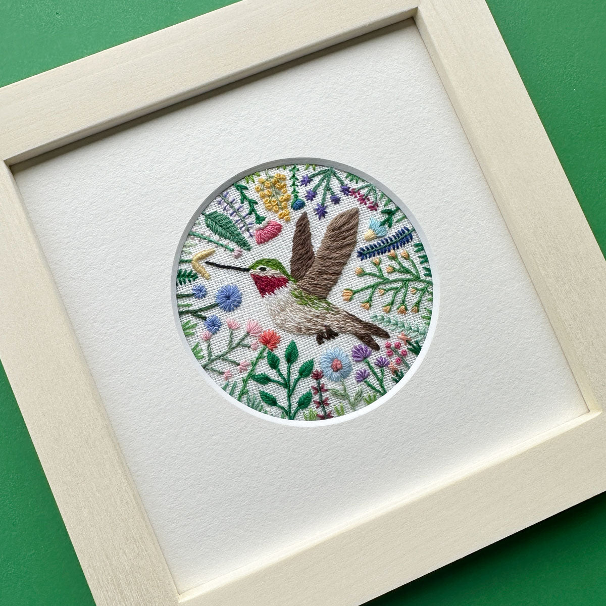 Hummingbird and Flowers 3 on Cream Linen Hand Embroidered Art