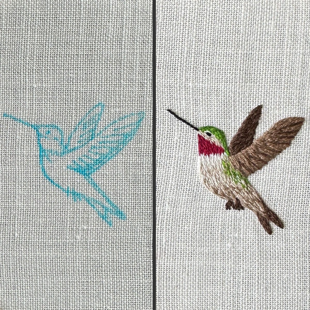 Hummingbird and Flowers 3 on Cream Linen Hand Embroidered Art