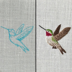 Hummingbird and Flowers 3 on Cream Linen Hand Embroidered Art