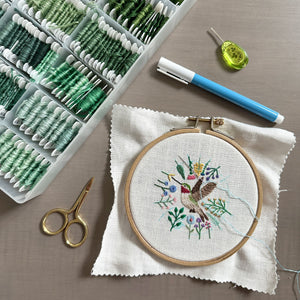 Hummingbird and Flowers 3 on Cream Linen Hand Embroidered Art