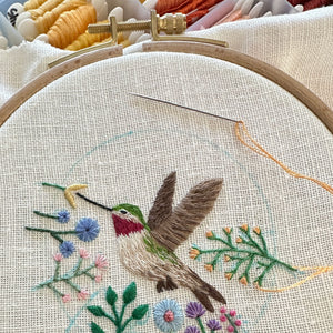 Hummingbird and Flowers 3 on Cream Linen Hand Embroidered Art