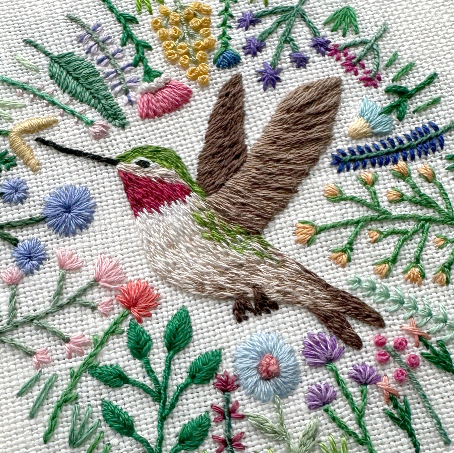 Hummingbird and Flowers 3 on Cream Linen Hand Embroidered Art