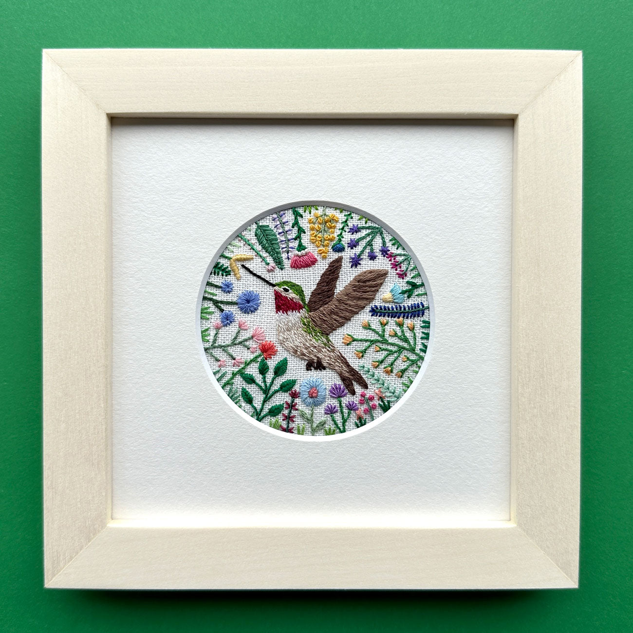 Hummingbird and Flowers 3 on Cream Linen Hand Embroidered Art