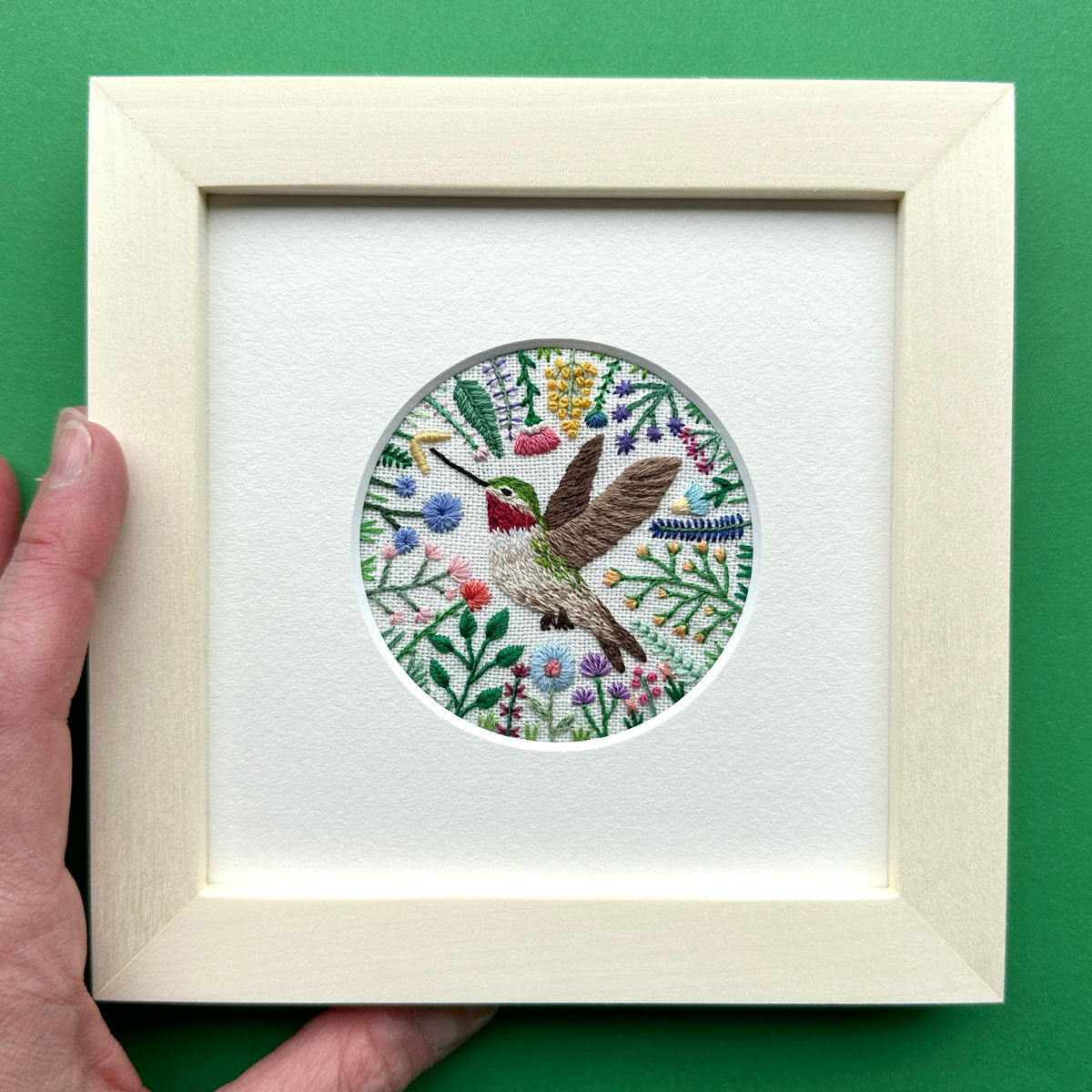 Hummingbird and Flowers 3 on Cream Linen Hand Embroidered Art