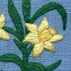 Daffodils (2.75") on Blue Linen Hand Embroidered Art