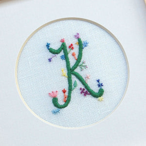 "K" Hand Embroidered Floral Monogram Art