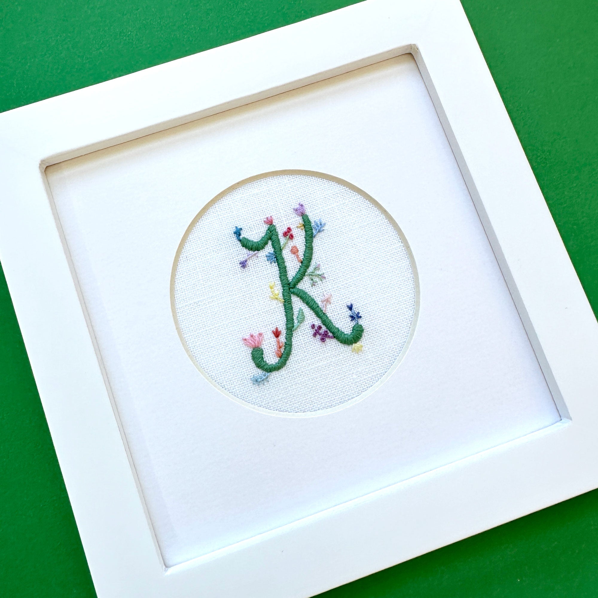 "K" Hand Embroidered Floral Monogram Art