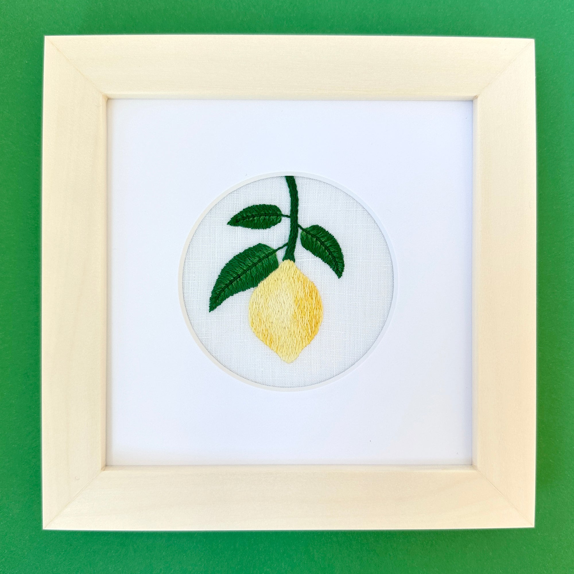 Lemon Fruit on White Linen Hand Embroidered Art