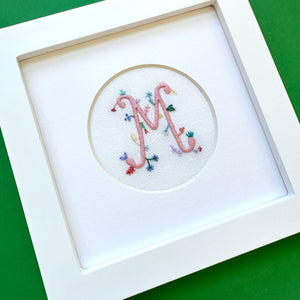 "M" Hand Embroidered Floral Monogram Art