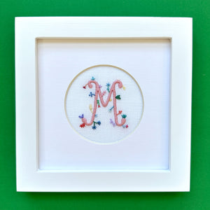 "M" Hand Embroidered Floral Monogram Art