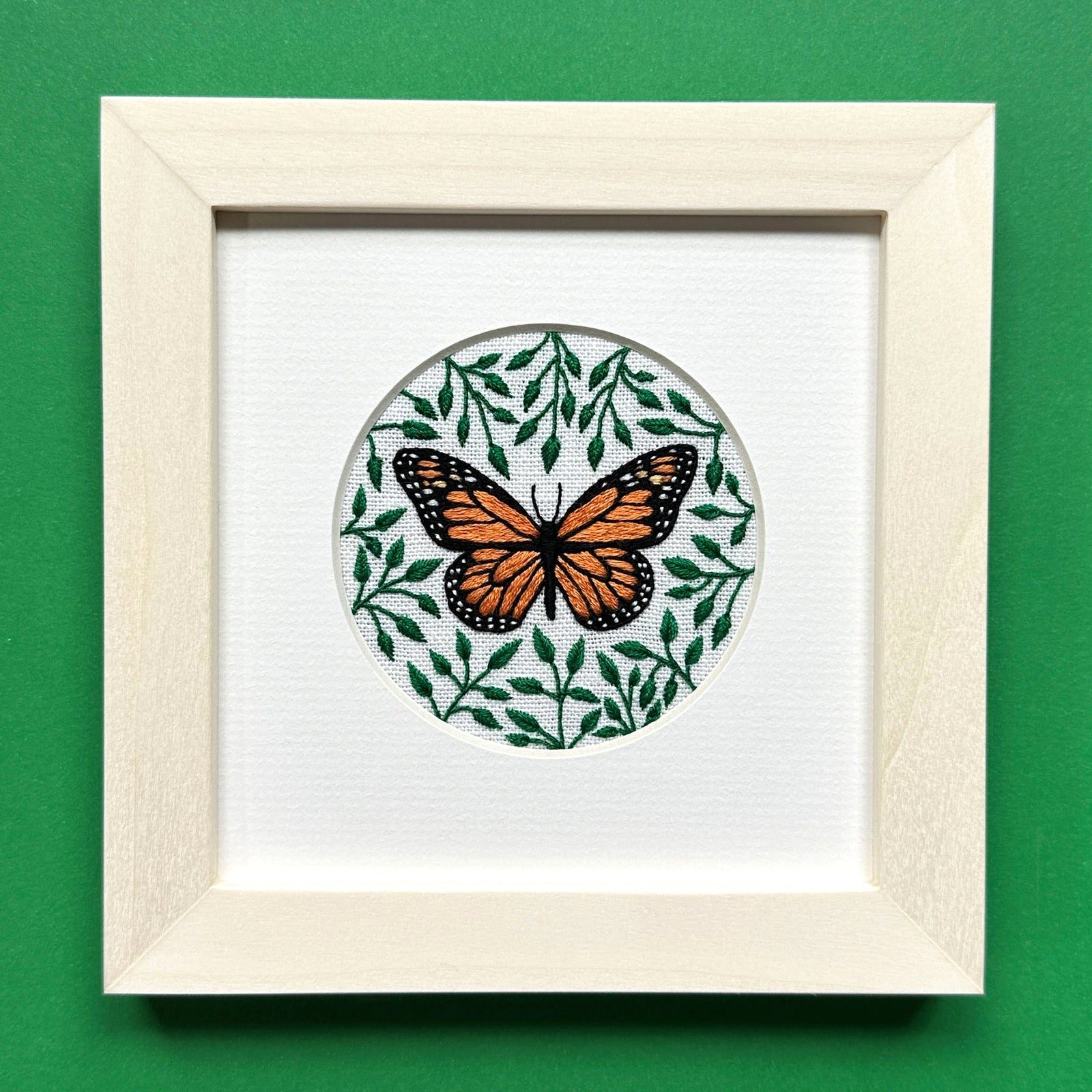Monarch Butterfly on Cream Linen Hand Embroidered Art