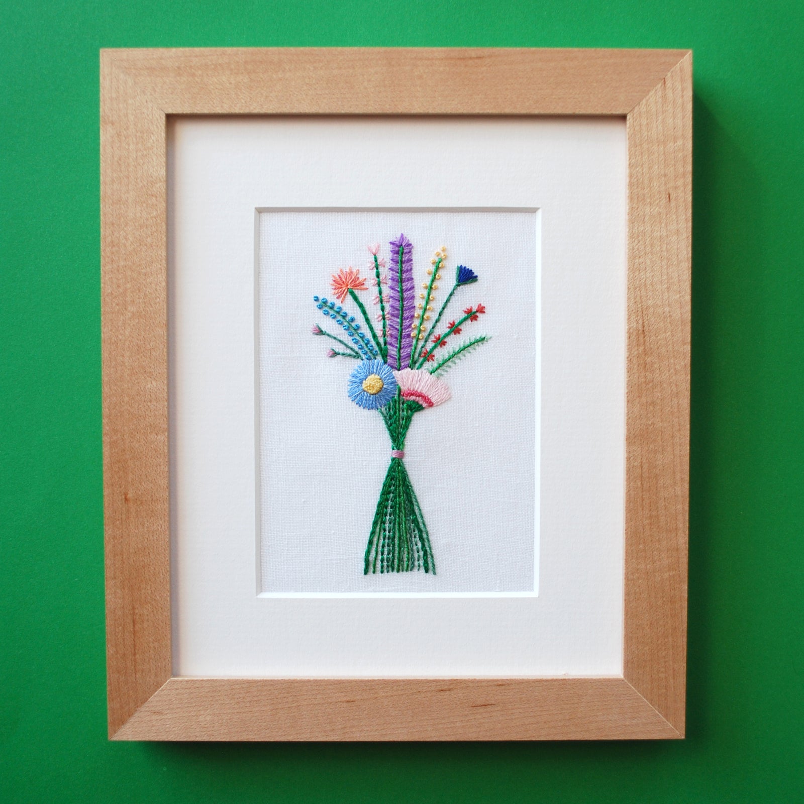 Large Floral Bouquet on White Linen Hand Embroidered Art