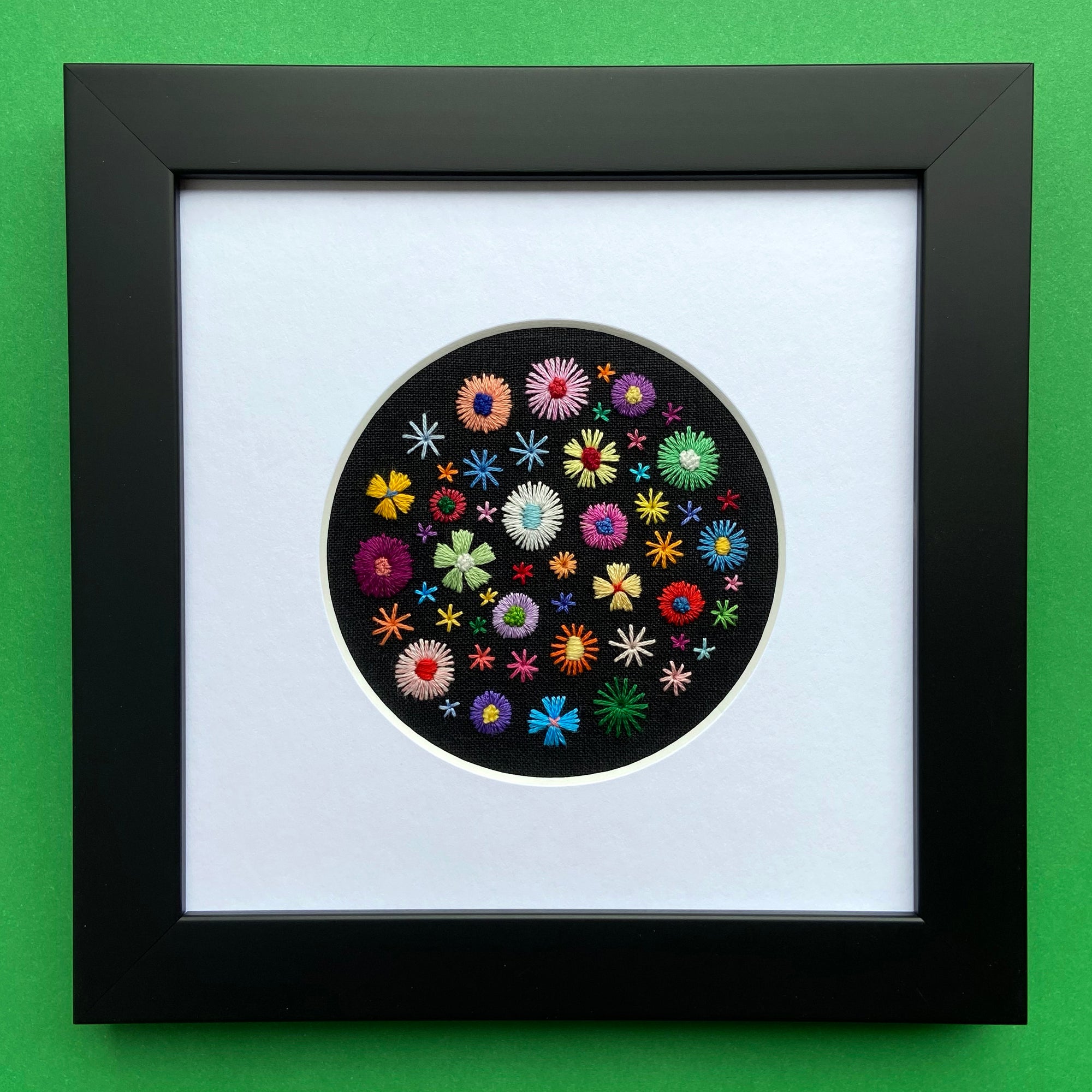 Happy Rainbow Flowers (3.5") on Black Linen Hand Embroidered Art