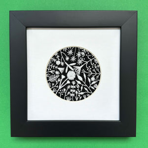 Monochromatic White Flowers (2.75") on Black Linen Hand Embroidered Art