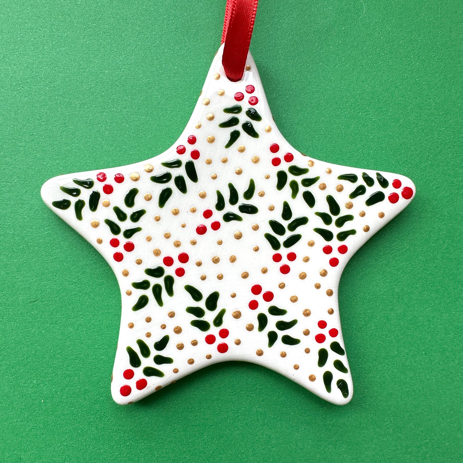 Holly and Gold Dot - Hand Painted Star Ornament
