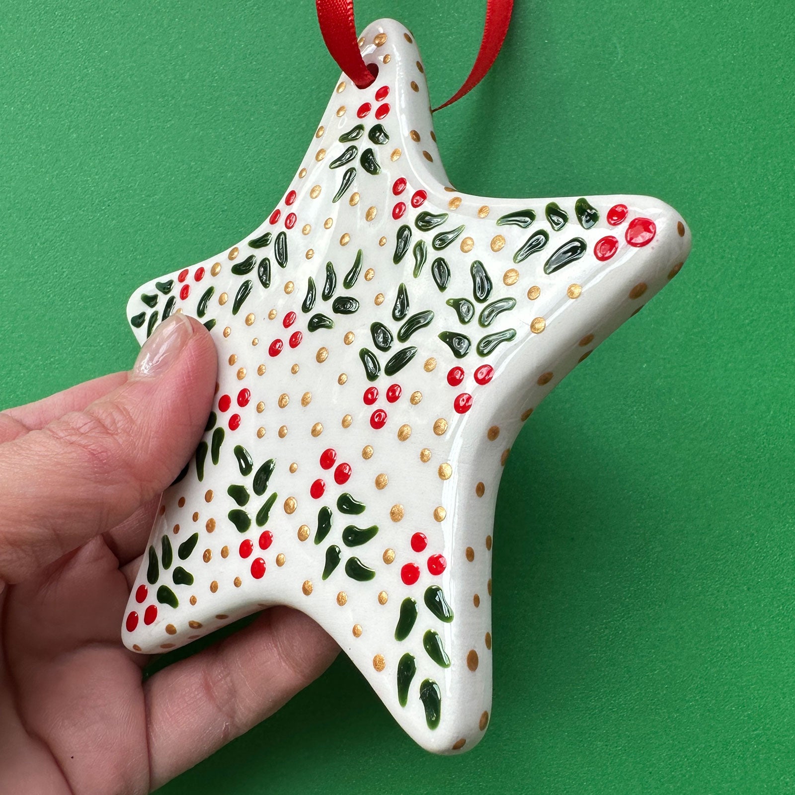 Holly and Gold Dot - Hand Painted Star Ornament