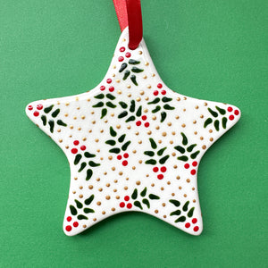 Holly and Gold Dot - Hand Painted Star Ornament