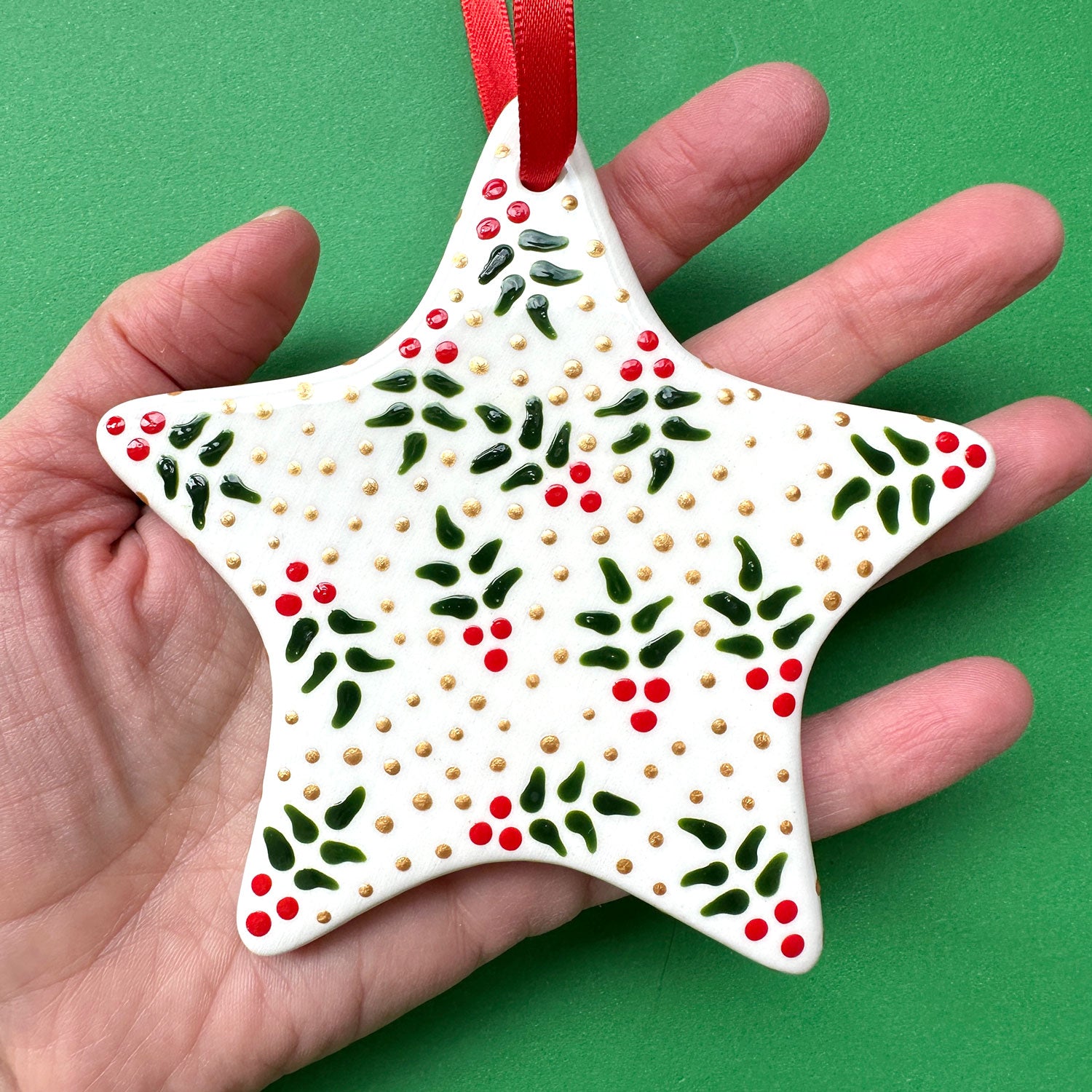 Holly and Gold Dot - Hand Painted Star Ornament