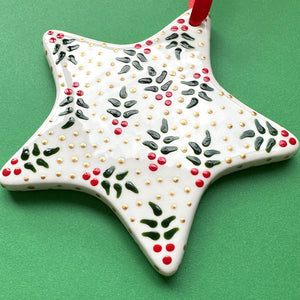 Holly and Gold Dot - Hand Painted Star Ornament