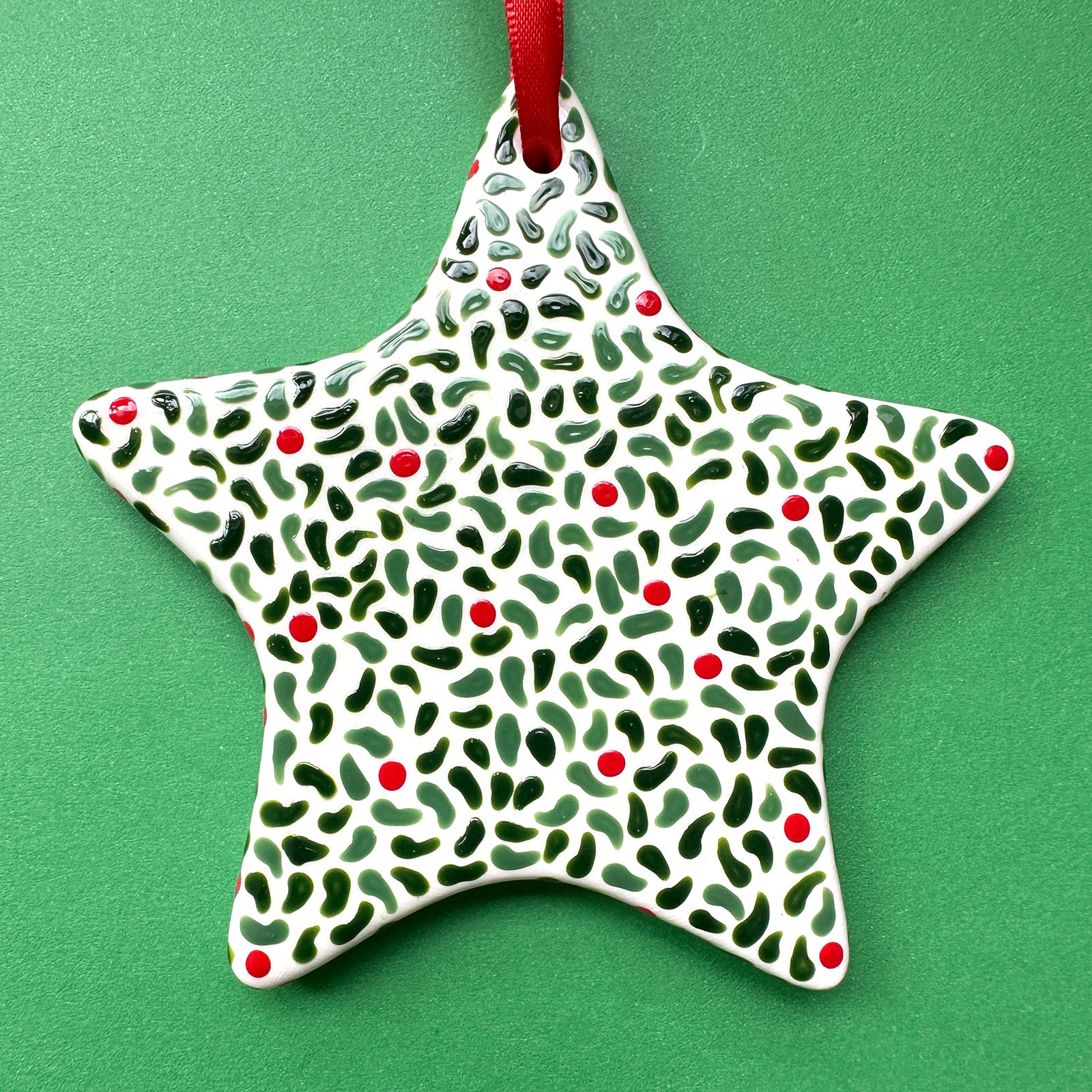 Leaves and Red Berries B - Hand Painted Star Ornament