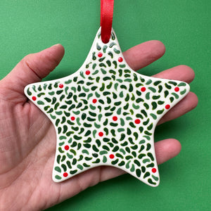 Leaves and Red Berries B - Hand Painted Star Ornament