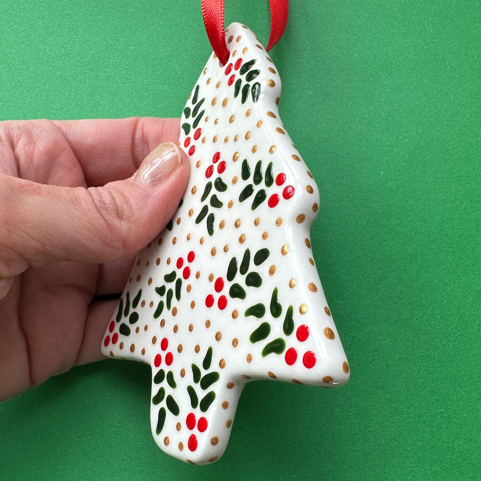 Holly and Gold Dot - Hand Painted Tree Ornament