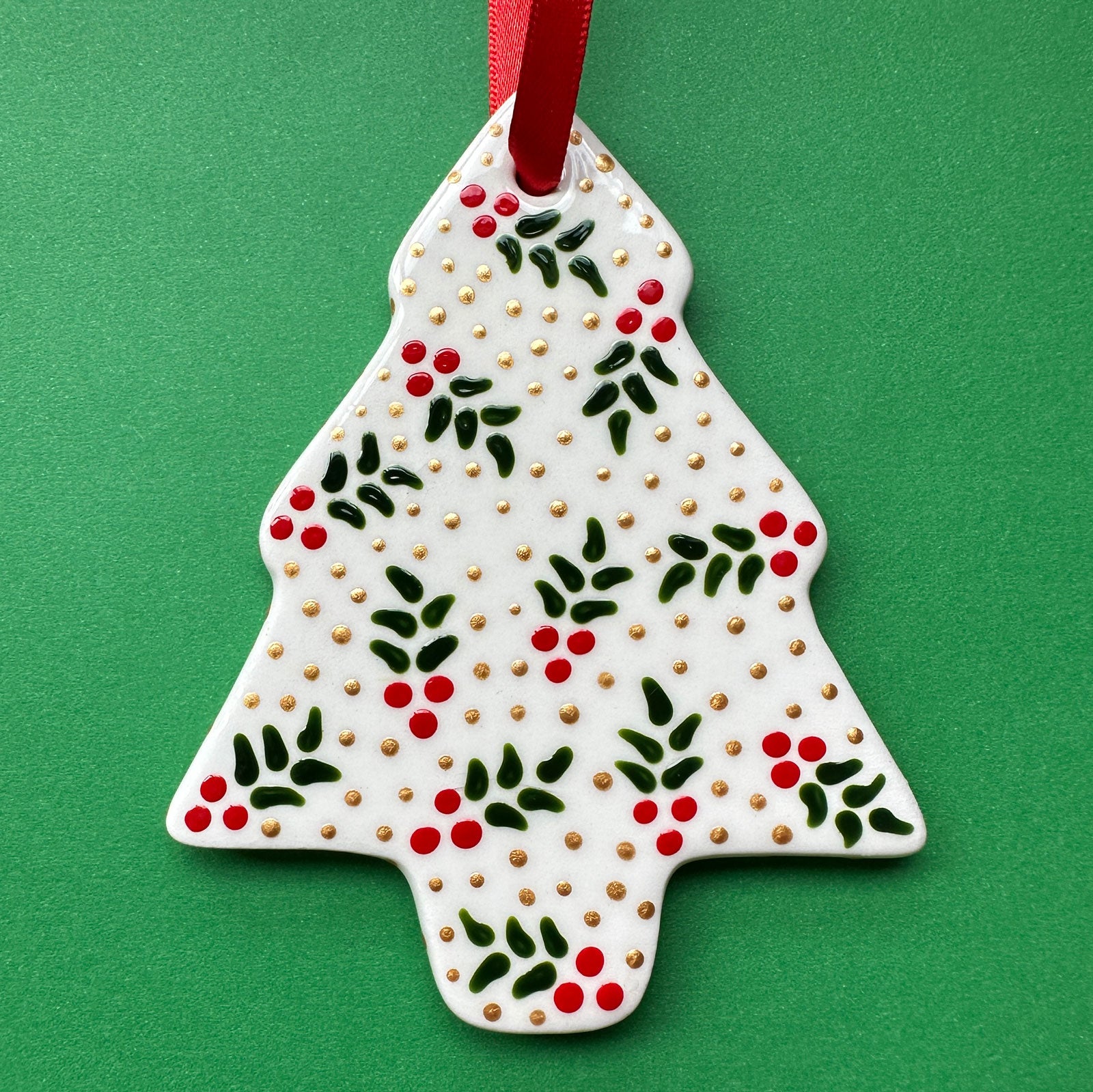 Holly and Gold Dot - Hand Painted Tree Ornament