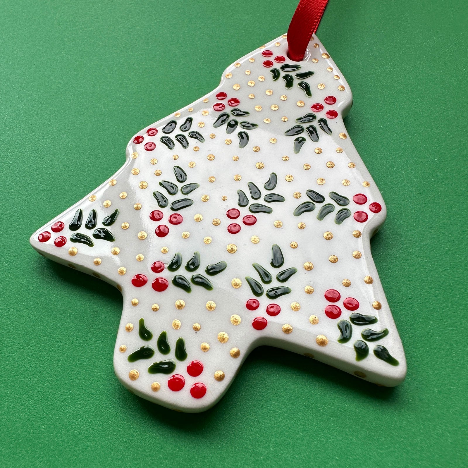 Holly and Gold Dot - Hand Painted Tree Ornament
