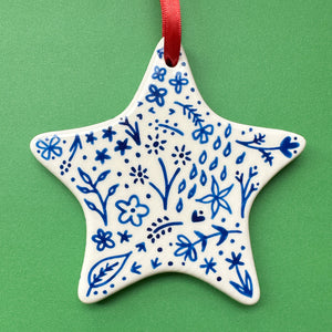 Blue Floral A - Hand Painted Star Ornament