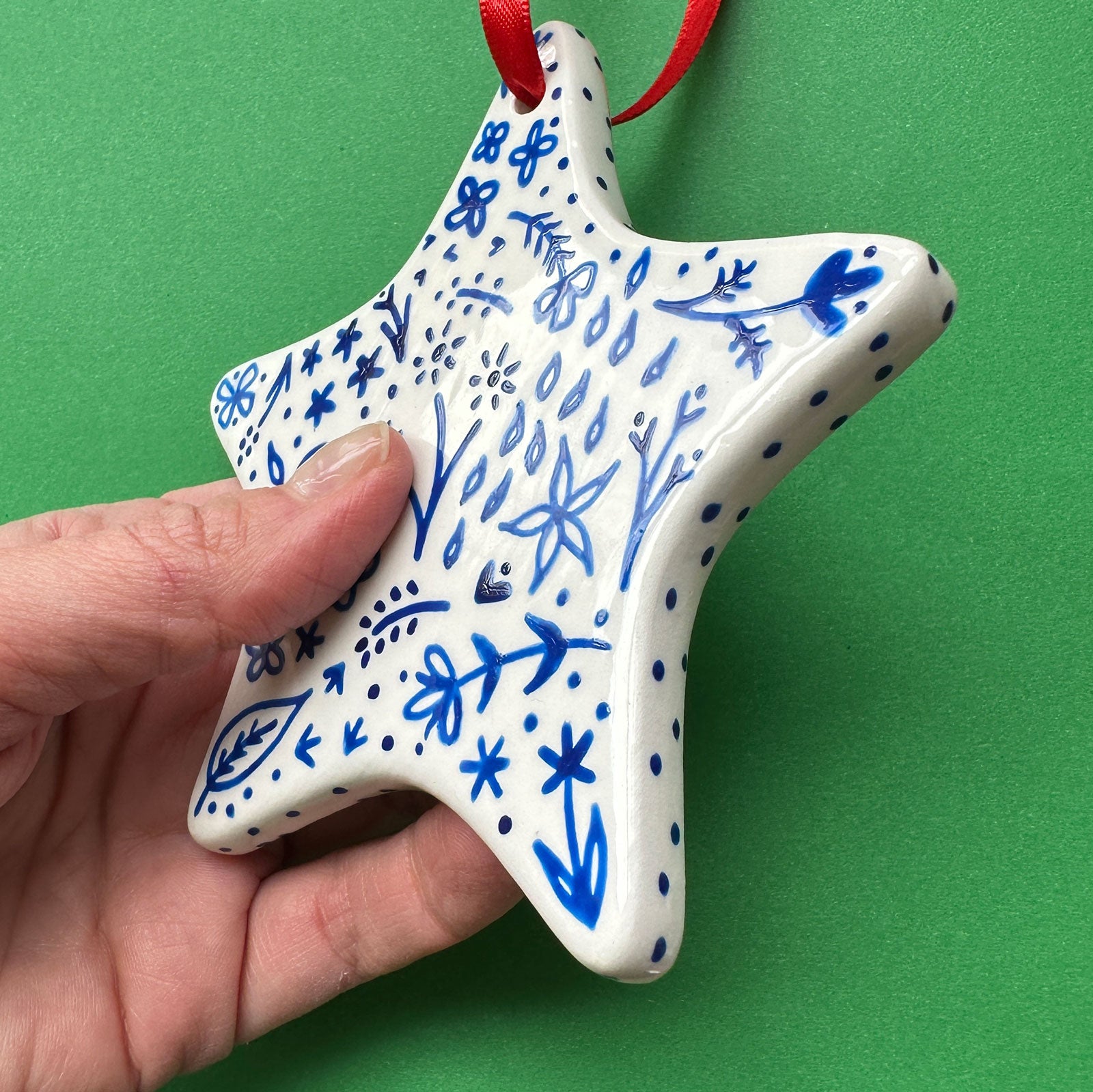 Blue Floral A - Hand Painted Star Ornament