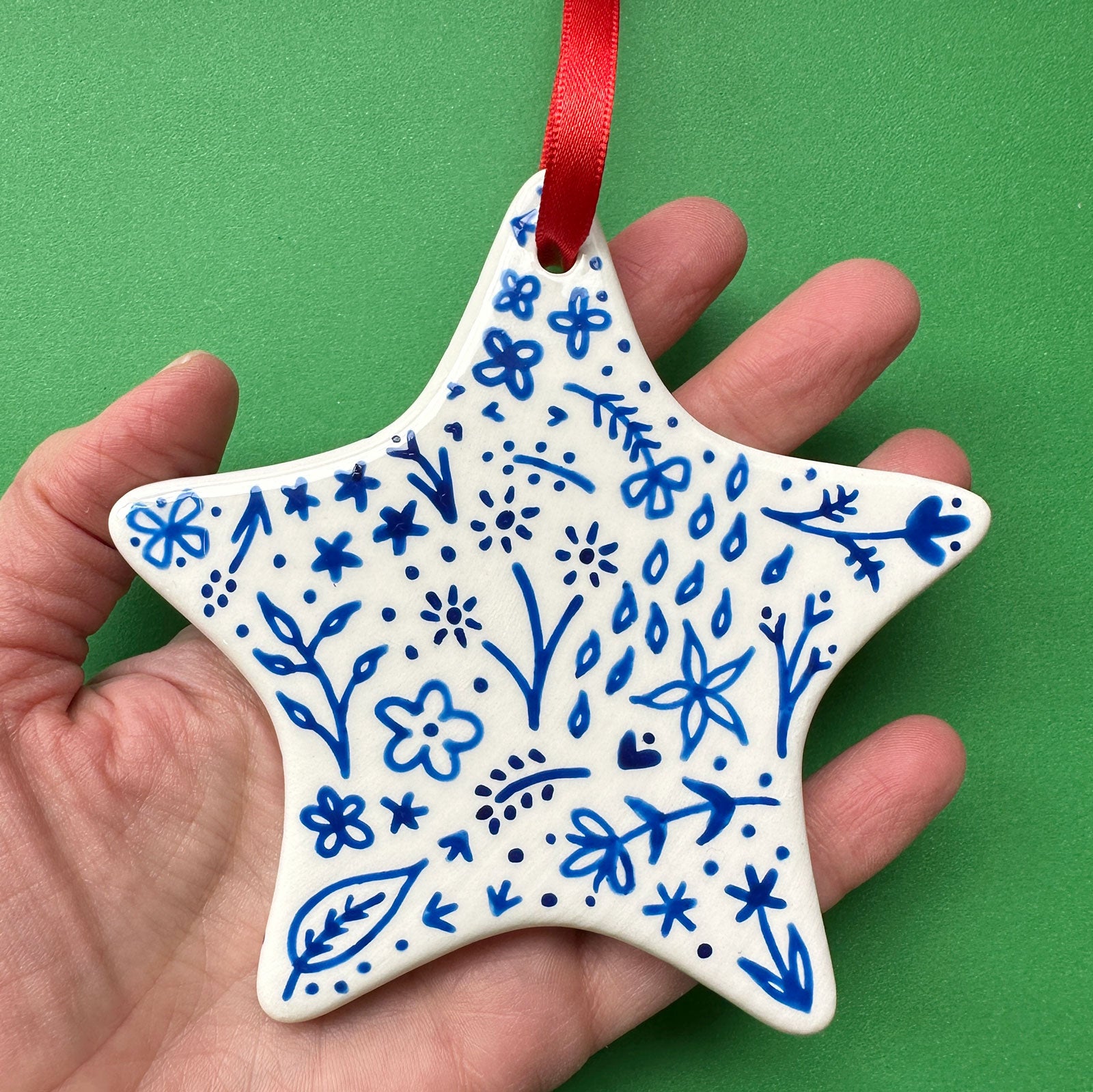 Blue Floral A - Hand Painted Star Ornament