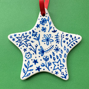 Blue Floral A - Hand Painted Star Ornament