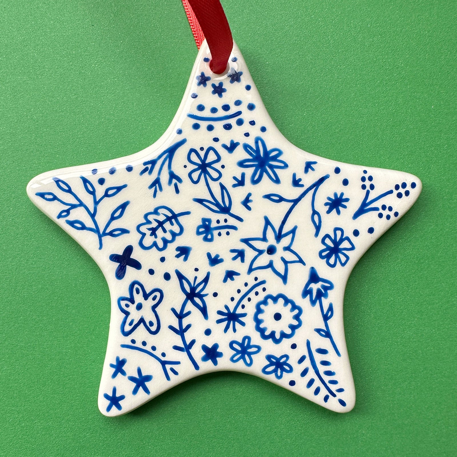 Blue Floral B - Hand Painted Star Ornament